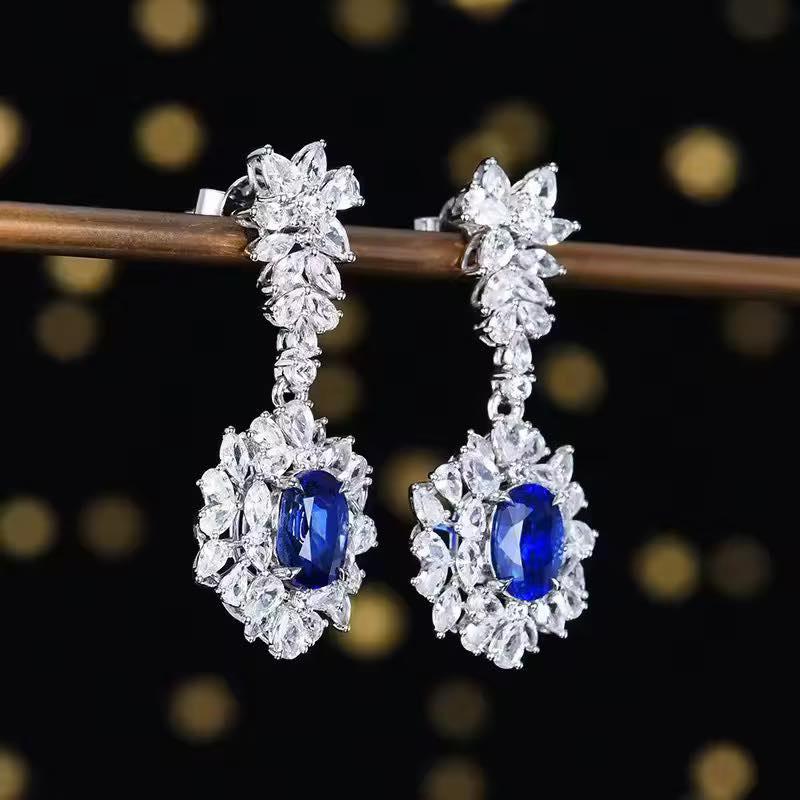 Pre- Ordered Cushion Cut 4.6ct Sri Lankan Royal Blue Sapphire Earrings in 18K Gold